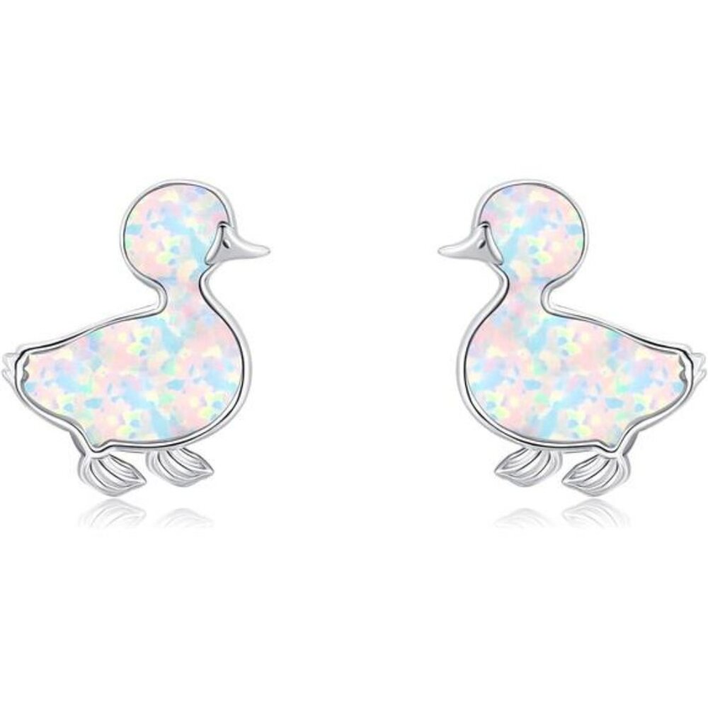 Sterling silver duck stud earrings opal animal earrings cute jewelry gift for wo